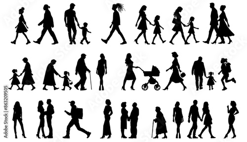 vector illustration. silhouettes of people walking along the street. Large set of characters of different ages.	
