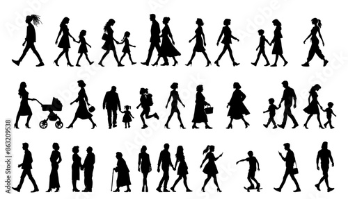 vector illustration. silhouettes of people walking along the street. Large set of characters of different ages.	

