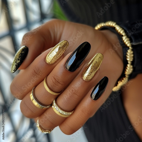 Glamorous Black and Gold Stiletto Nails