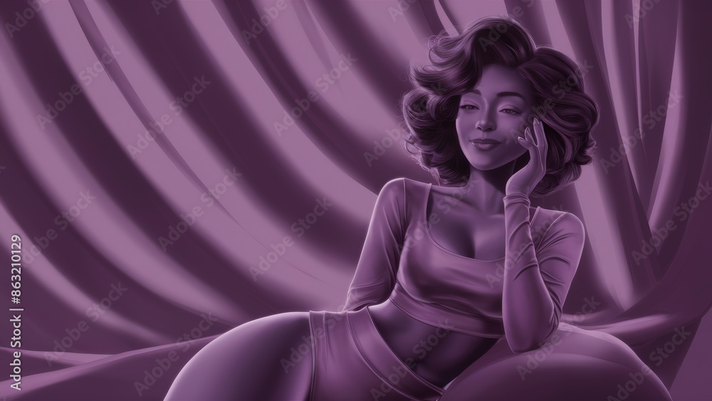 A woman in purple dress sitting on a couch talking to someone, AI A woman in purple dress sitting on a couch talking to someone, AI