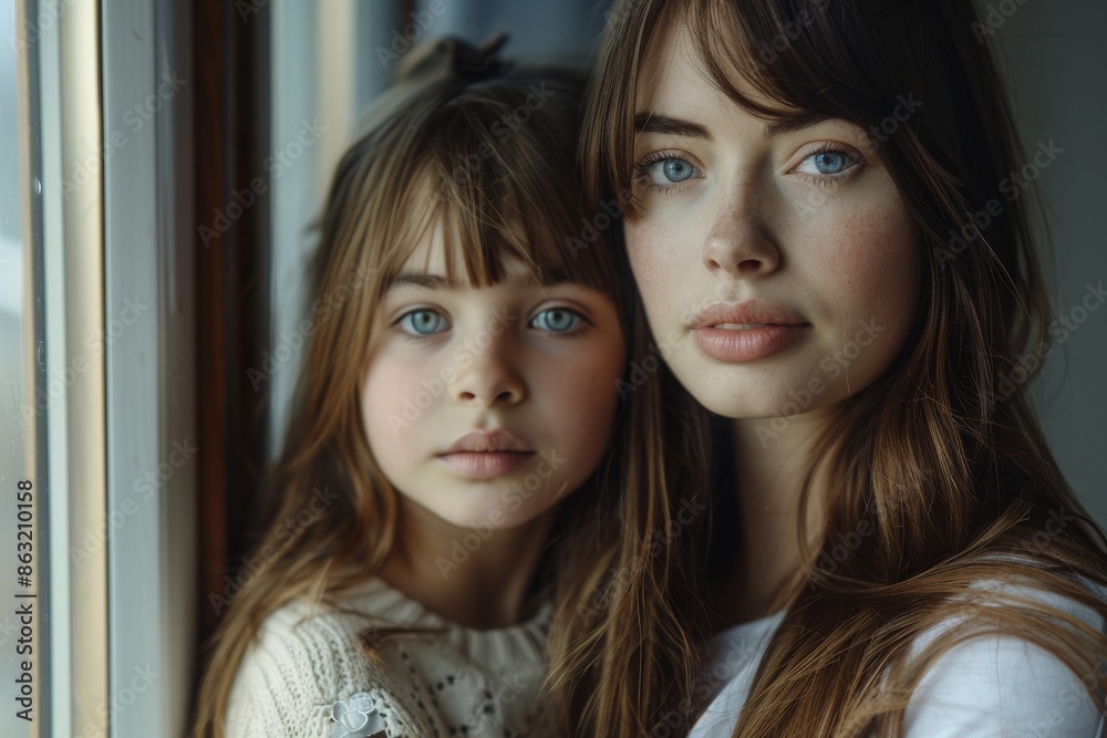 Family bonds are highlighted by a mother and daughter looking out of a window, with copy space included Family bonds are highlighted by a mother and daughter looking out of a window, with copy space included