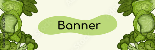 Green banner vector with different types cabbage. Background horizontal for harvest, organics, vegetable garden, health, herbs, healthy. Design frame for decoration website, postcard, cover, poster