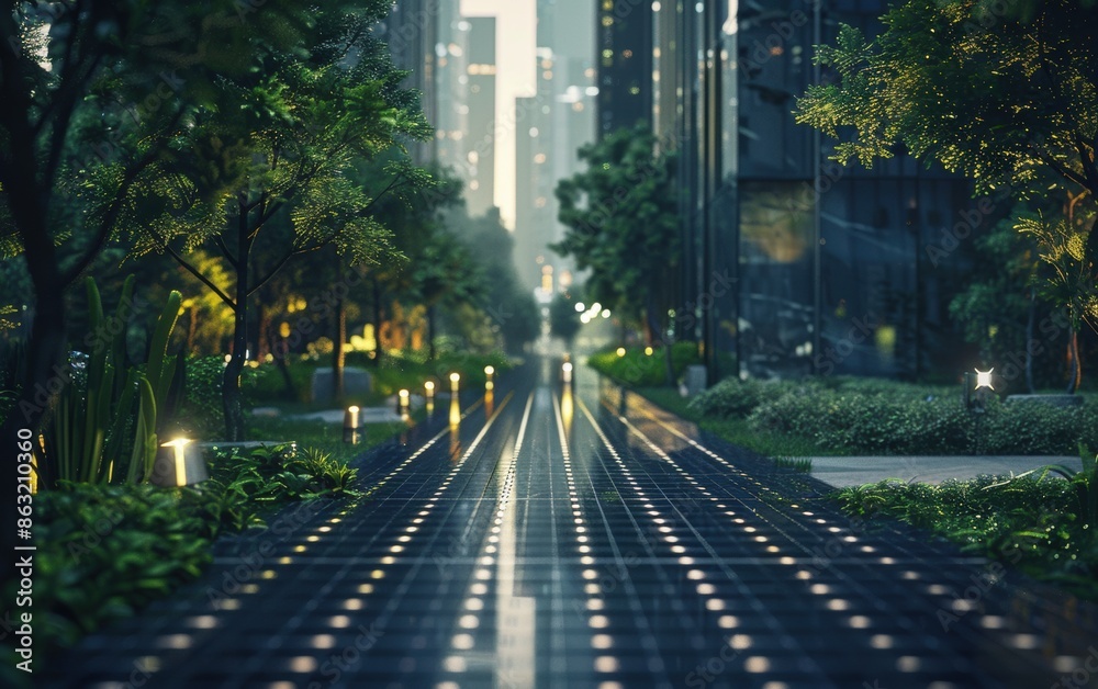 A futuristic city park with solar panel pathways and solar-powered streetlights blending seamlessly with greenery and urban design A futuristic city park with solar panel pathways and solar-powered streetlights blending seamlessly with greenery and urban design