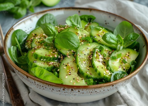 Fresh Cucumber and Avocado Salad With Sesame Seeds and Greens