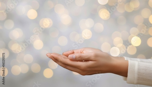 Open Hand Gesture on Sparkling Bokeh Background - Symbol of Giving, Care, and Generosity, copy space