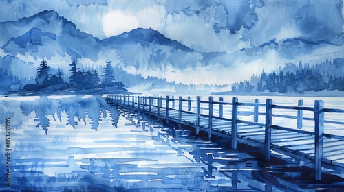 Blue mountain lake watercolor painting. Serene blue watercolor landscape with a wooden pier, mountains, forest, and full moon. Ideal for nature, travel, and art prints.