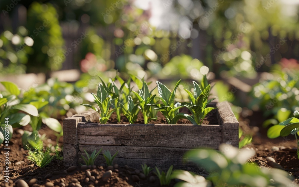 Young seedlings growing in a wooden planter in a sunlit garden during spring Young seedlings growing in a wooden planter in a sunlit garden during spring