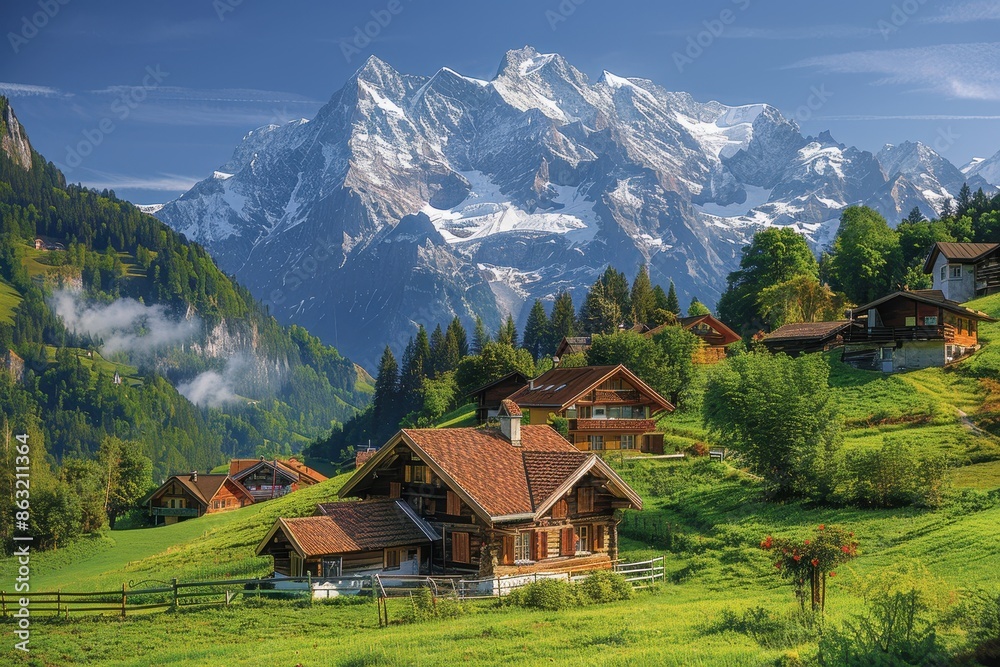 A picturesque Swiss village nestled in the mountains, with chalets, snow-covered peaks, and green meadows. A picturesque Swiss village nestled in the mountains, with chalets, snow-covered peaks, and green meadows.