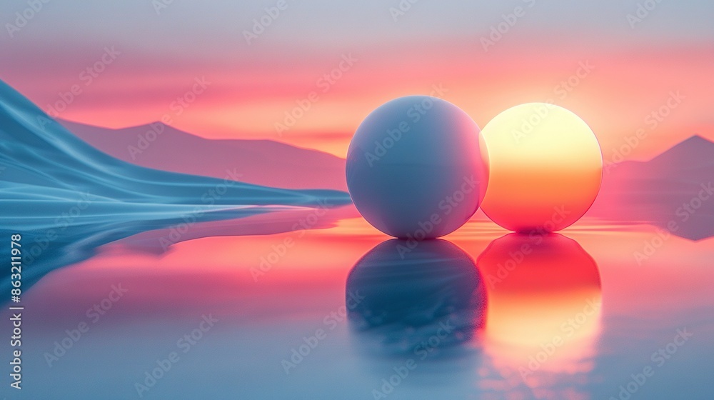 A pair of eggs resting on a table beside each other above a body of water A pair of eggs resting on a table beside each other above a body of water