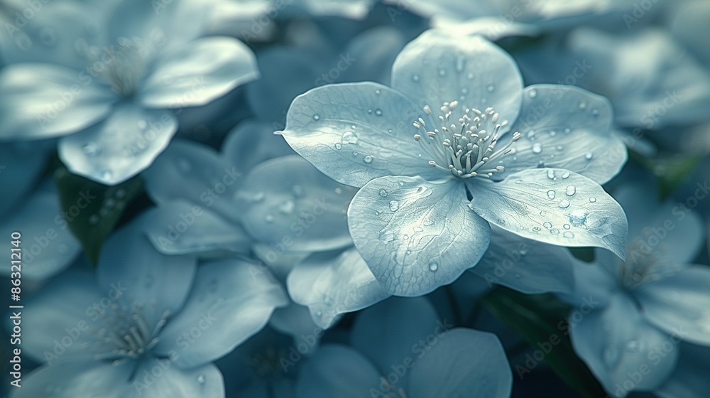 A close-up of a blue flower with water droplets on its petals and a clear center A close-up of a blue flower with water droplets on its petals and a clear center