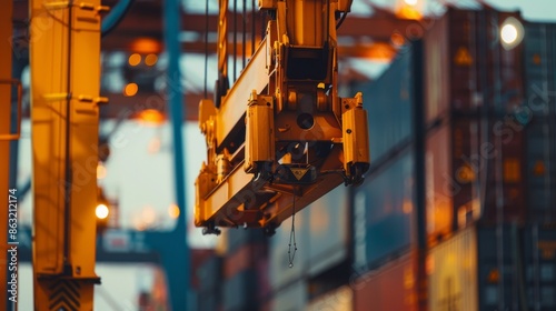 A detailed close-up of a crane's loading mechanism in action, containers stacked in the blurred background, cityscape photography style