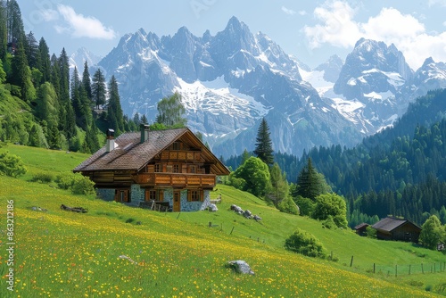 A picturesque Swiss village nestled in the mountains, with chalets, snow-covered peaks, and green meadows. © Nico