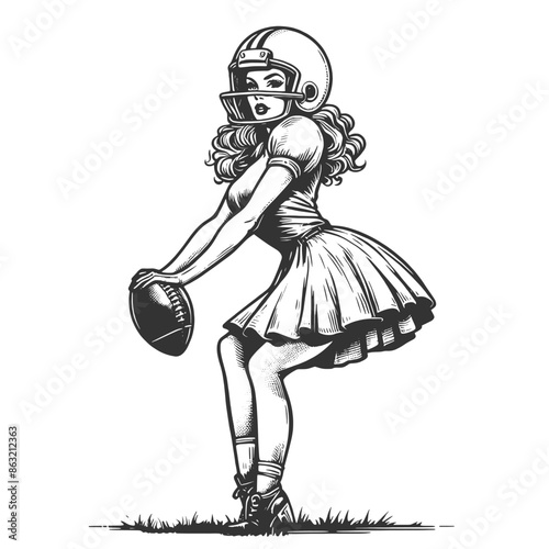 Pin-up girl female football player holding a ball, with helmet and sports attire sketch engraving generative ai fictional character vector illustration. Scratch board imitation. Black and white image.