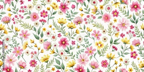 Delicate small pink and yellow flowers on a white background create a charming seamless floral pattern, perfect for elegant fashion prints and sophisticated designs.