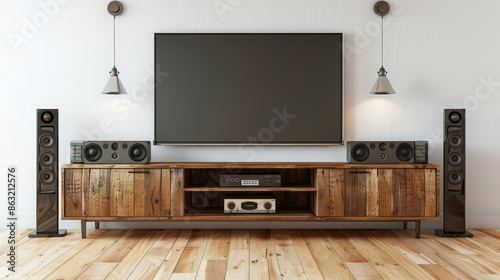 A contemporary family room with a state-of-the-art home entertainment system, including a TV mounted on the wall, an audio system and a wooden stand