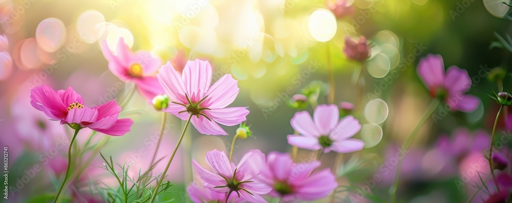 A bunch of pink flowers with green leaves. The flowers are in full bloom and are very pretty. Free copy space for banner. A bunch of pink flowers with green leaves. The flowers are in full bloom and are very pretty. Free copy space for banner.