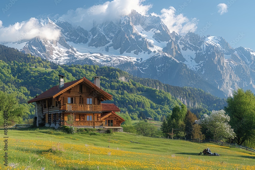 Obraz premium A picturesque Swiss village nestled in the mountains, with chalets, snow-covered peaks, and green meadows.