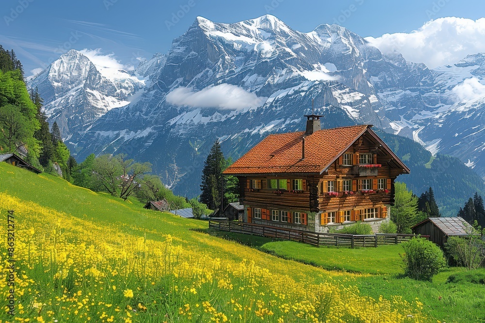 Fototapeta premium A picturesque Swiss village nestled in the mountains, with chalets, snow-covered peaks, and green meadows.