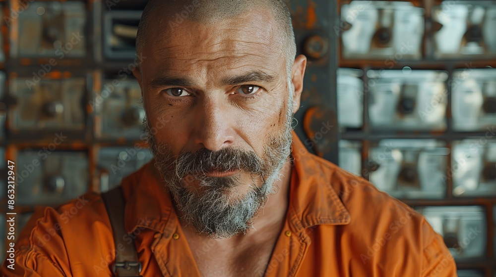 In an orange jumpsuit and with a serious expression on his face, a bald man with a mustache and a beard stands next to a wall that contains many small drawers. In an orange jumpsuit and with a serious expression on his face, a bald man with a mustache and a beard stands next to a wall that contains many small drawers.