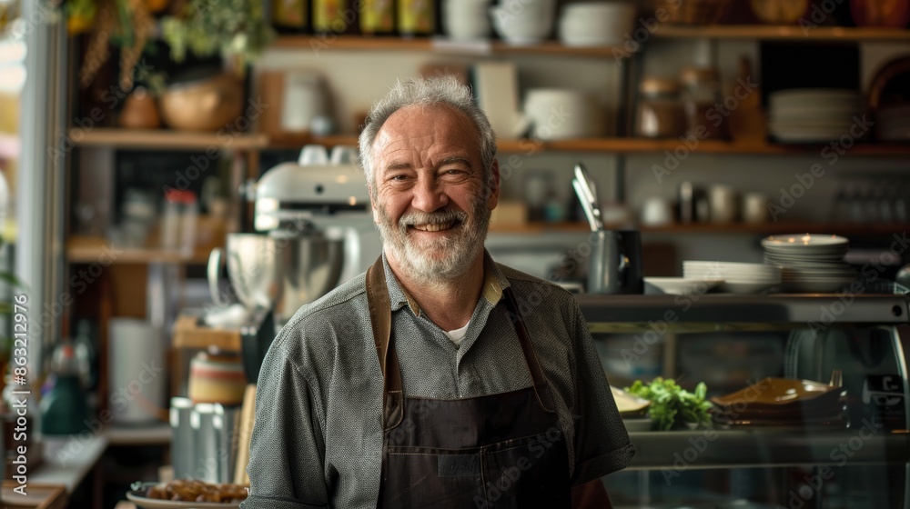 It is a picture of a bald man with a beard standing in a commercial kitchen wearing an apron. It is a picture of a bald man with a beard standing in a commercial kitchen wearing an apron.