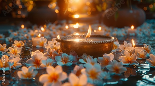 A beautiful arrangement of candles and flowers. The image shows a large golden bowl at the center of the picture with a lit candle inside and several smaller candles arranged around it.