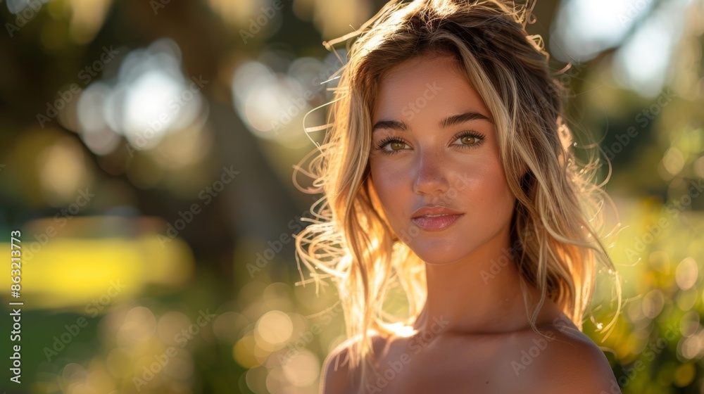 In a park, a beautiful woman highlights outdoor joy with copy space In a park, a beautiful woman highlights outdoor joy with copy space