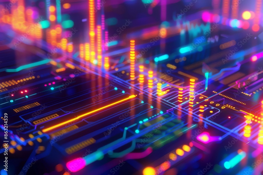 Circuit board and glowing neon lights in an abstract futuristic tech background. Circuit board and glowing neon lights in an abstract futuristic tech background.