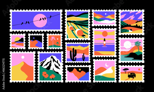 Set of colorful nature landscape post card stamp. Vintage style natural environment scenery postage sticker collection, travel destination, beautiful tourism scenery. Includes mountain, beach view.