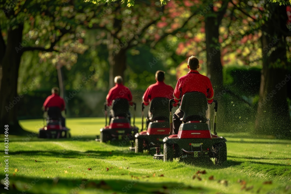 Professional Landscapers with Ride-On Mowers in Public Park During Spring Bloom Professional Landscapers with Ride-On Mowers in Public Park During Spring Bloom