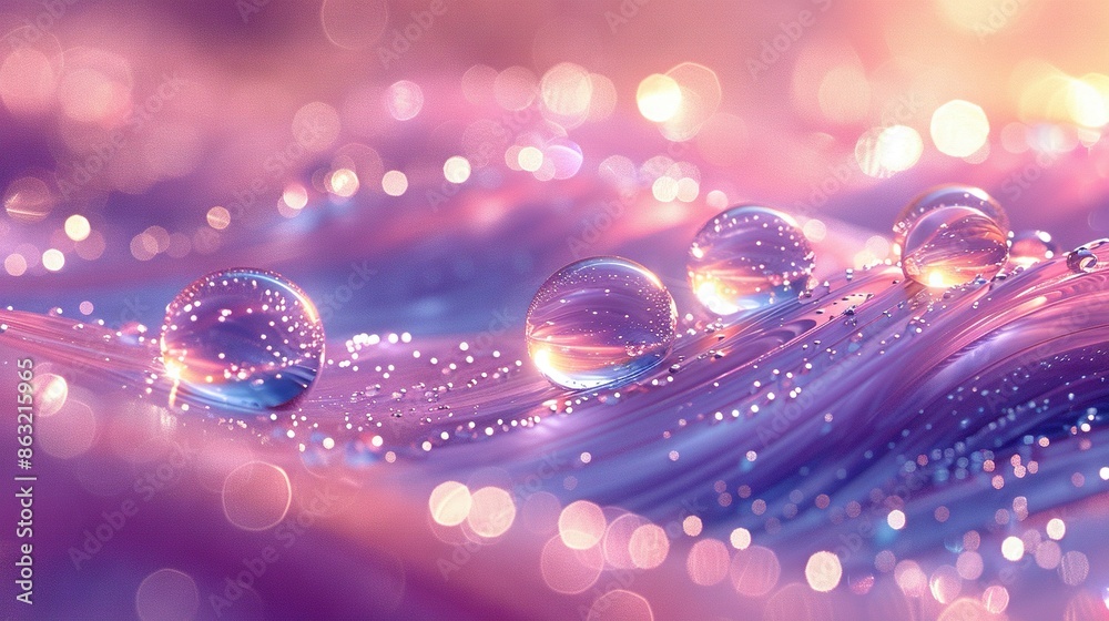   A group of colorful bubbles floating on top of the blue-pink surface and rising above each other