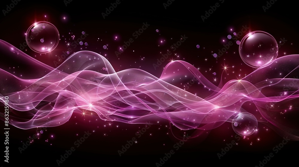 Fototapeta premium A pink abstract background with bubbles and a stream of smoke on the left side, and a black background on the right side