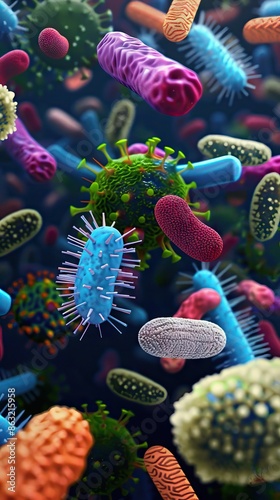 Enterobacterias Gram negativas Proteobacteria, bacteria such as salmonella, escherichia coli, yersinia pestis, klebsiella. 3D illustration. AI generated illustration photo