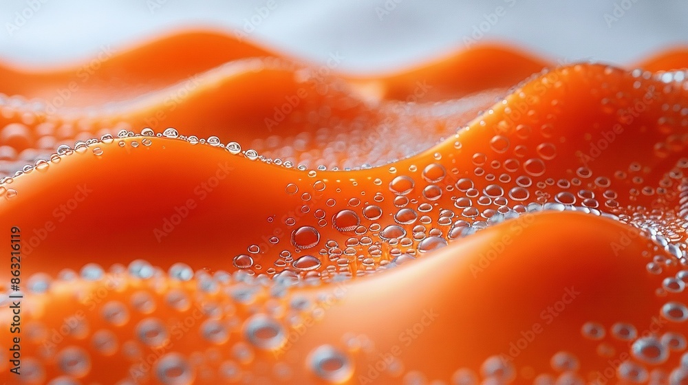 A close-up view of water bubbles on an orange surface with a blue sky in the background and a white sky in the foreground A close-up view of water bubbles on an orange surface with a blue sky in the background and a white sky in the foreground