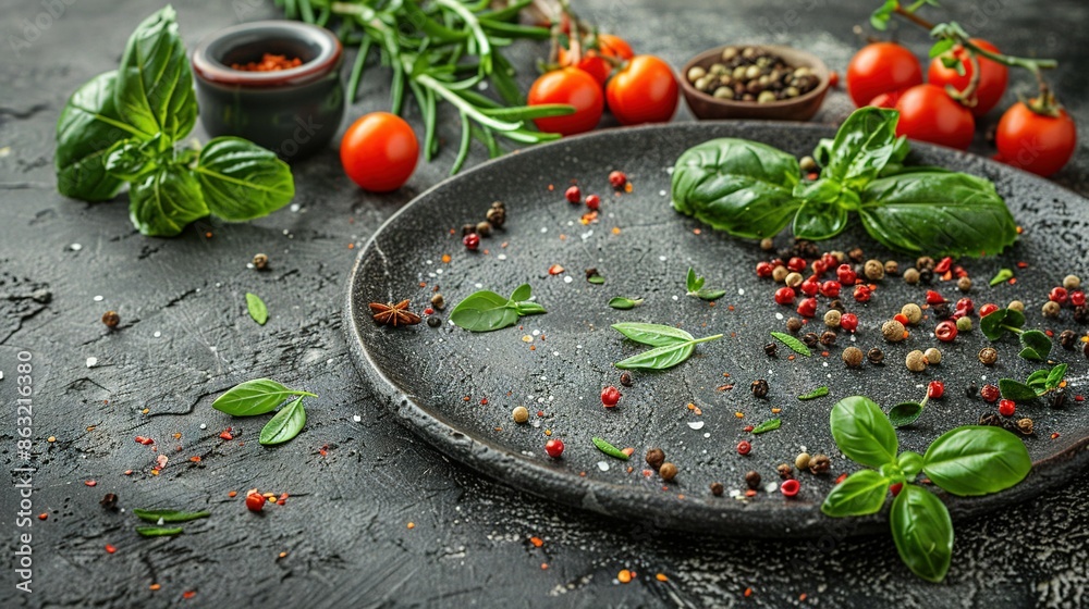   A black plate topped with numerous green leafy vegetables and a small bowl of red peppercorns