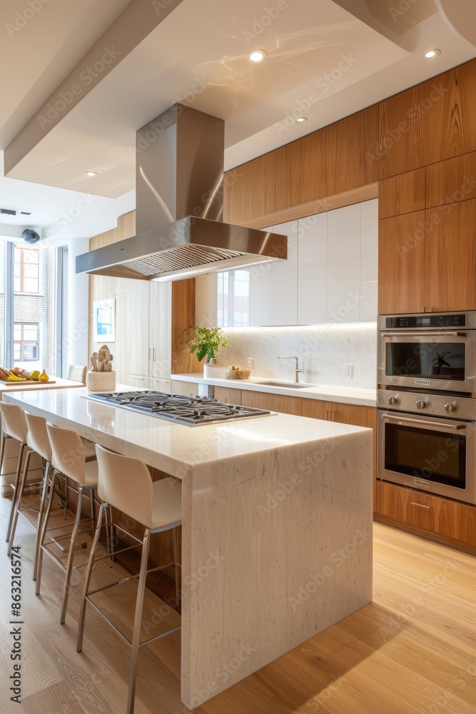Modern Sleek Kitchen Design with Air Conditioner, Island, and Contemporary Appliances for Comfortable Cooking Environment Modern Sleek Kitchen Design with Air Conditioner, Island, and Contemporary Appliances for Comfortable Cooking Environment