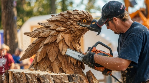 Skilled Artisan Using Chainsaw to Sculpt Detailed Wooden Eagle at Outdoor Fair - Craftsmanship and Artistry