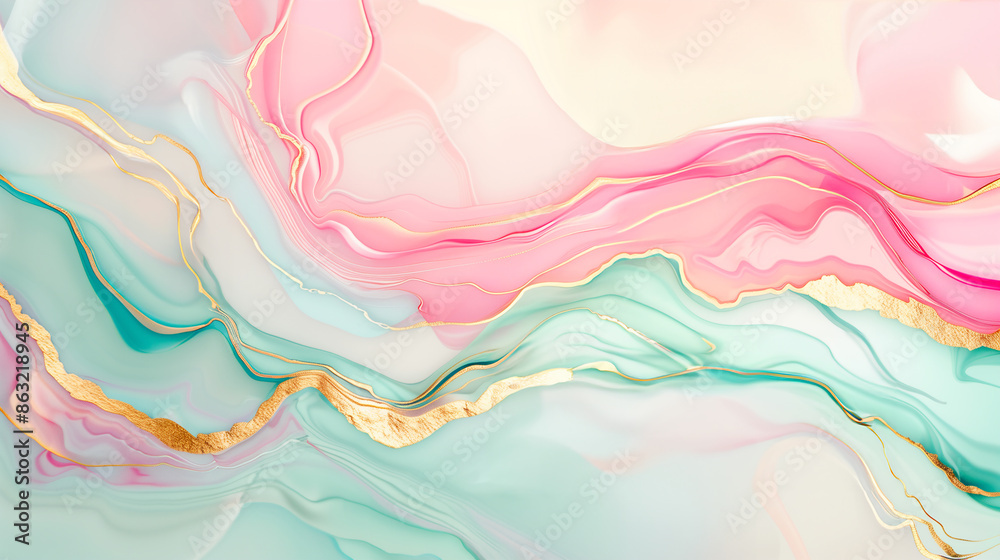 pastel colored abstract flowing 3d background, with soft gradients of pastel colors like pink, blue, and green. The lines with gold accents, a sense of luxury and elegance. a fluid and ethereal feel
