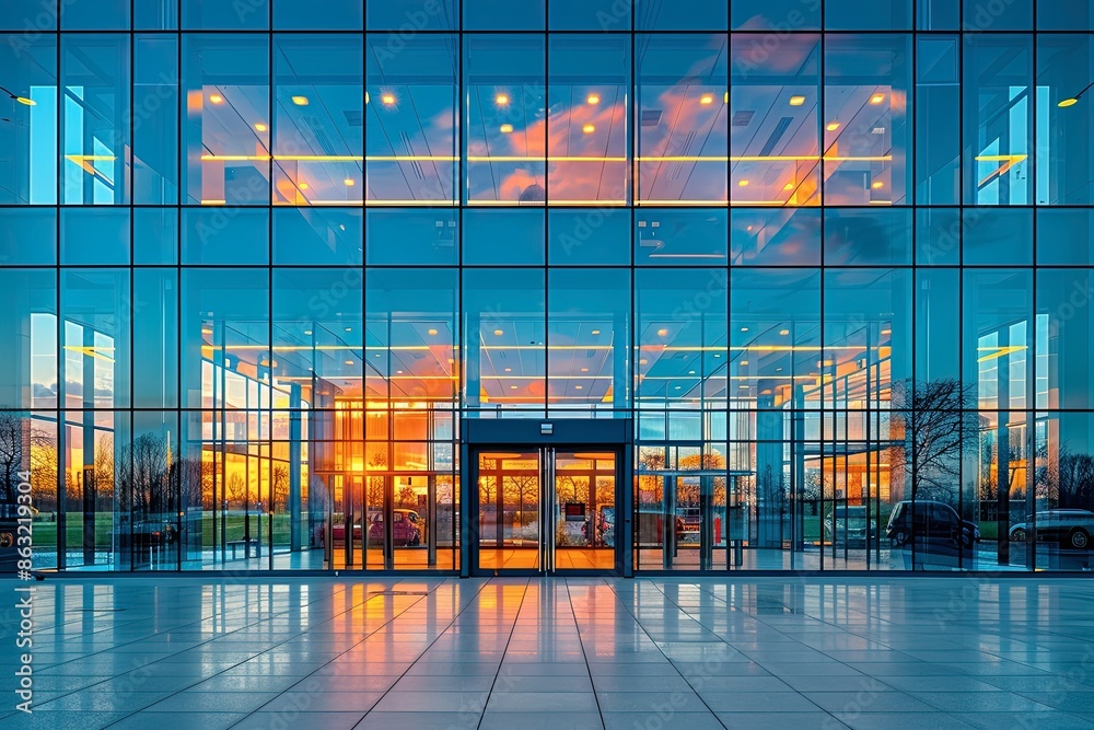 Crop the image to create a visually pleasing composition, focusing on the glass facade and reflection. 
