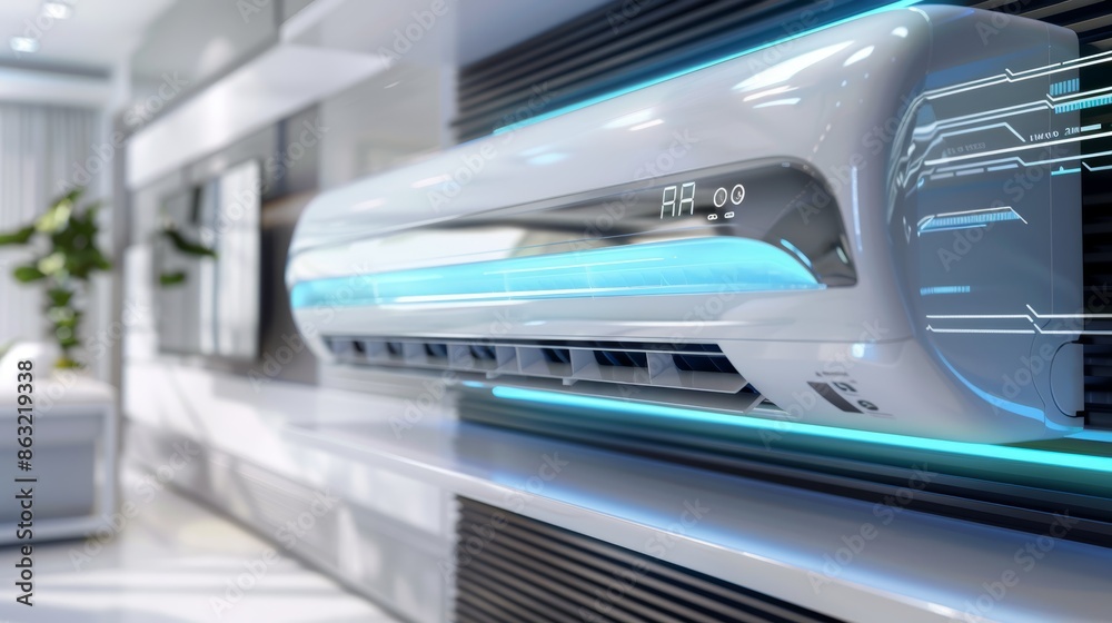 Sleek Modern Air Conditioner in High-Tech Home Setting with Smart Devices Sleek Modern Air Conditioner in High-Tech Home Setting with Smart Devices