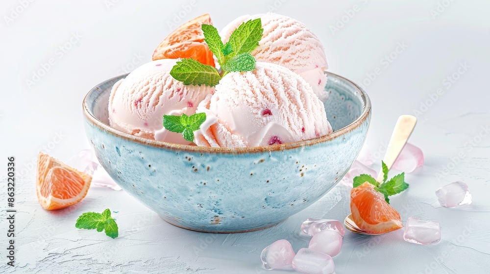 Refreshing bowl of strawberry ice cream with mint garnish and grapefruit slices on a light background, perfect summer dessert. Refreshing bowl of strawberry ice cream with mint garnish and grapefruit slices on a light background, perfect summer dessert.