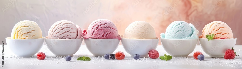 A row of colorful ice cream scoops in bowls with fresh berries on a light background, offering a delightful summer treat. A row of colorful ice cream scoops in bowls with fresh berries on a light background, offering a delightful summer treat.