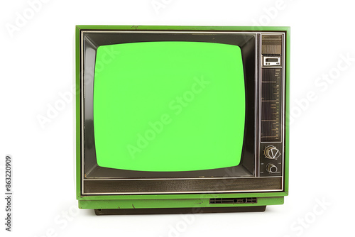 old vintage 1970s tv with green screen for adding video isolated on white background