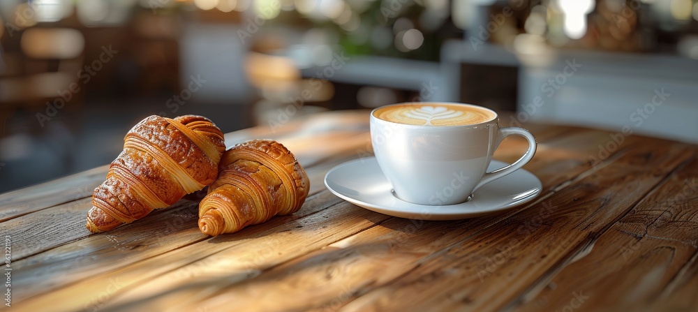 Cup of Cappuccino Coffee with Latte Art and Croissant on Wooden Table Cup of Cappuccino Coffee with Latte Art and Croissant on Wooden Table