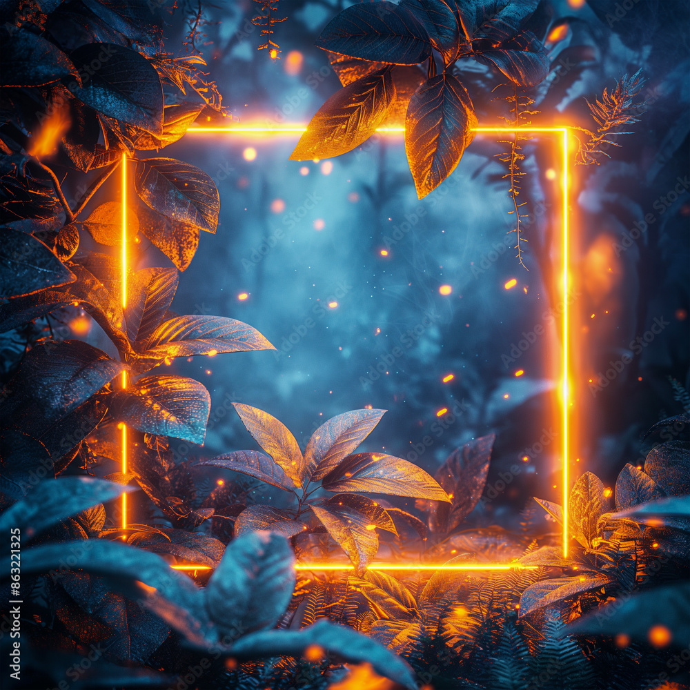 Fototapeta premium Neon Botanical Wall Art with Tropical Plants and Glowing Frame - Modern Home Decor 