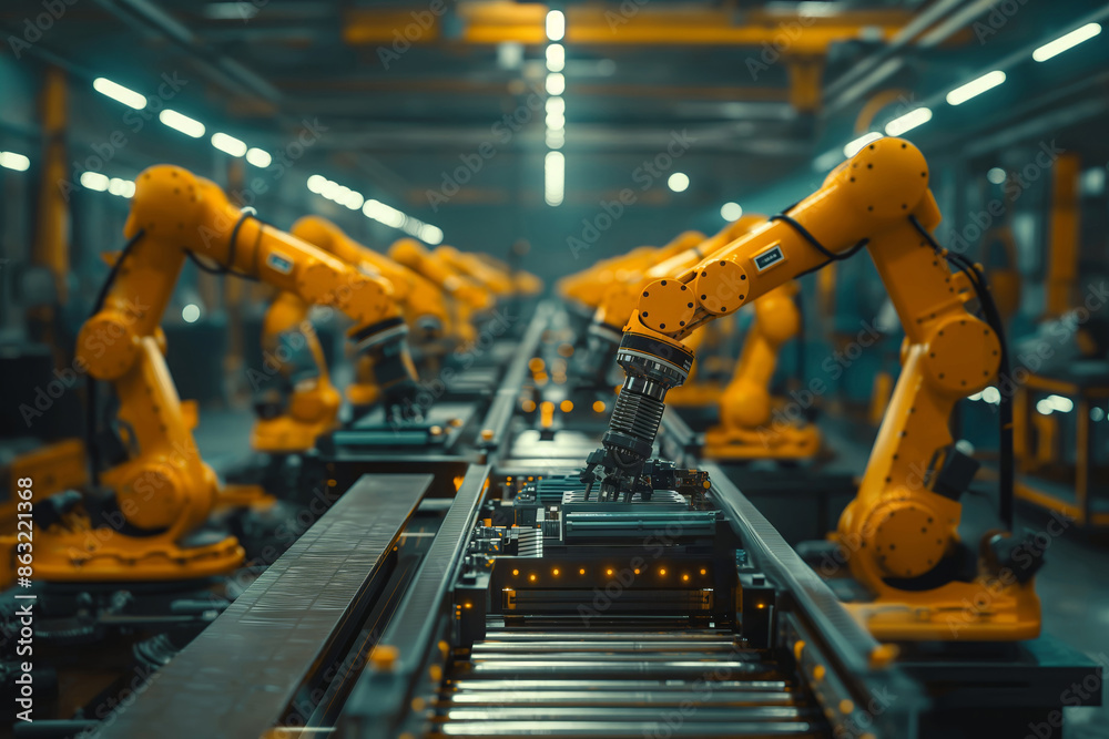 Industrial robots in production line. Ideal for concepts related to automation, manufacturing, and technology advancement. Industrial robots in production line. Ideal for concepts related to automation, manufacturing, and technology advancement.