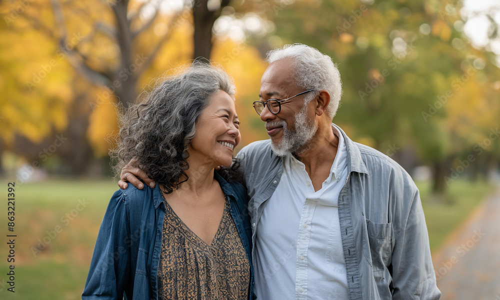 Happy vibrant senior couple smiling and walking together in a park Happy vibrant senior couple smiling and walking together in a park