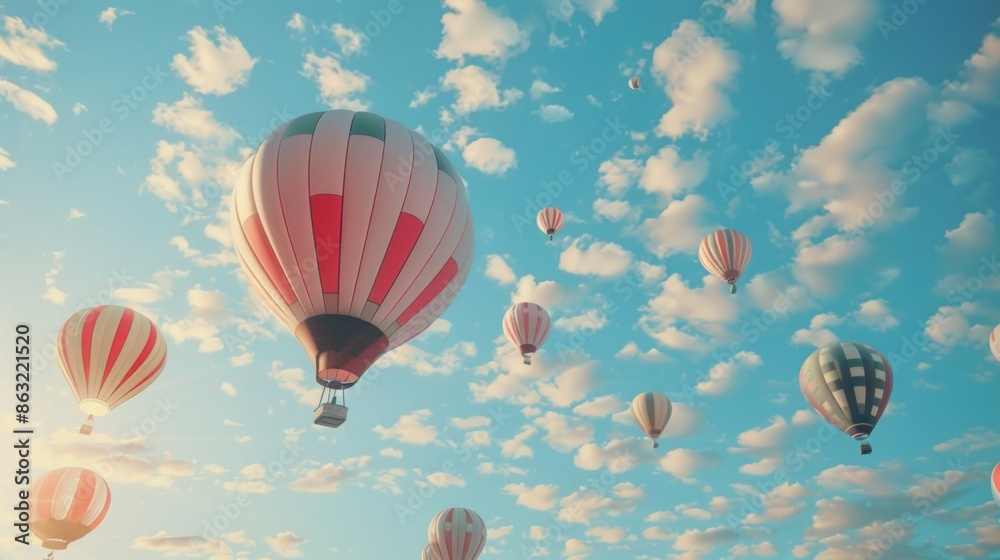 Fototapeta premium Colorful hot air big balloons floating gracefully in a clear sky.