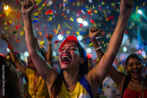 Venezuelan celebrating in the street with more people with confetti in the color of her flag
