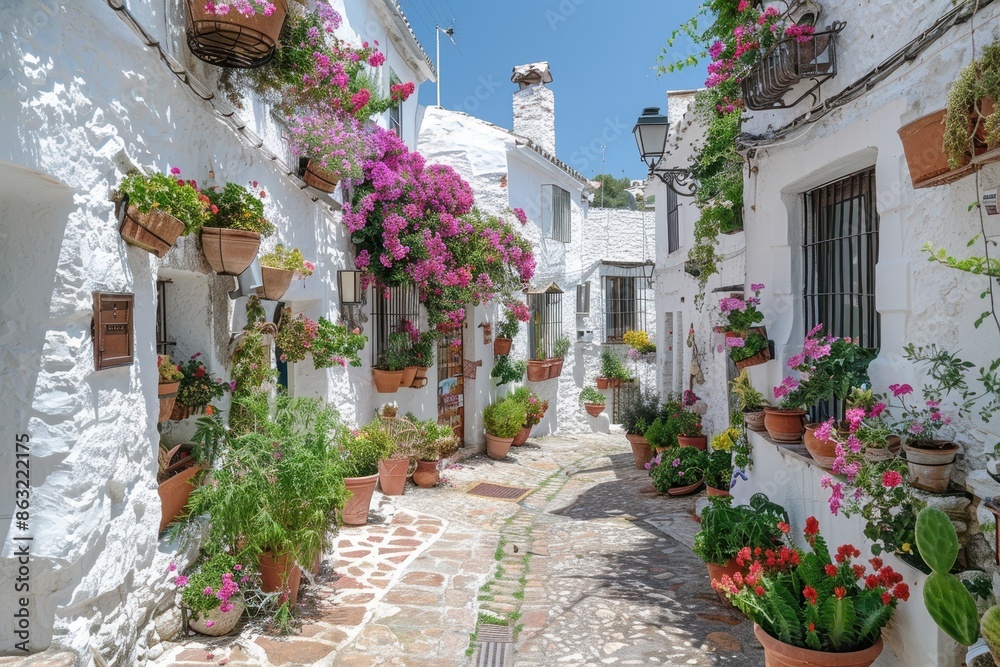 Naklejka premium A picturesque village in the Mediterranean, with narrow streets, white-washed buildings, and blooming flowers. 