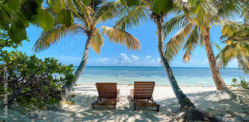 Fototapeta Naklejka Na Ścianę i Meble -  Two beach lounge chairs on a white sandy beach with palm trees 